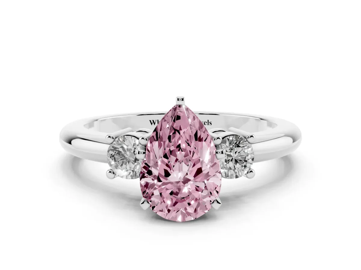 Fancy Pink Three-Stone Pear Cut Cut Diamond Solitaire with Prong Setting and Classic Band Silver