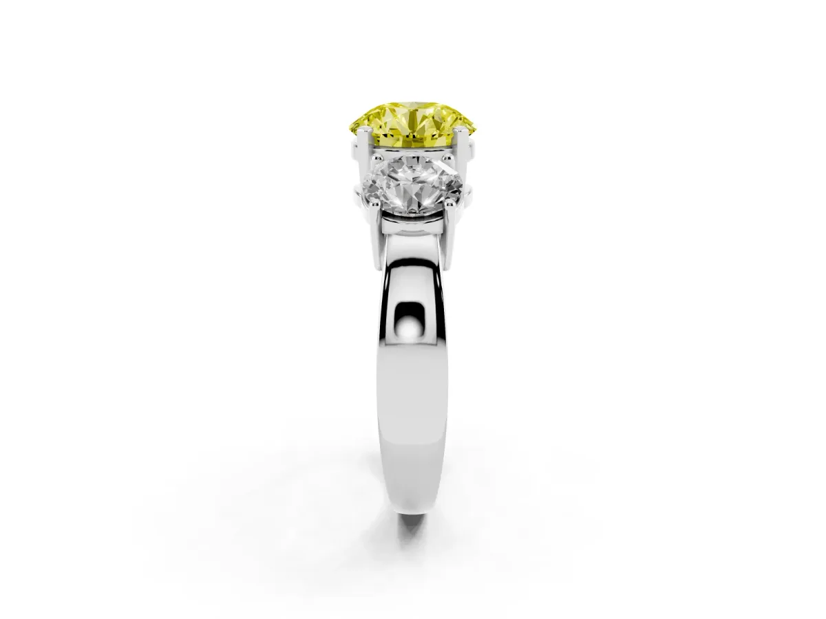 Fancy Yellow Three-Stone Round Cut Diamond Ring with Round Side Stones, Classic Band, and Four-Prong Setting White gold