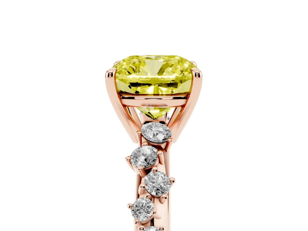 Fancy Yellow Cushion Cut Diamond Cluster Side Stone Solitaire Ring with Prong Setting Rose gold
