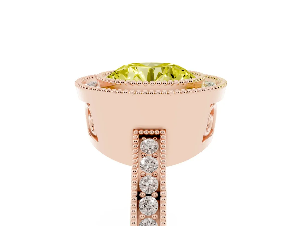 Fancy Yellow Round Cut Cut Halo Diamond Ring with Pavé Band and Milgrain Prong Setting Rose gold