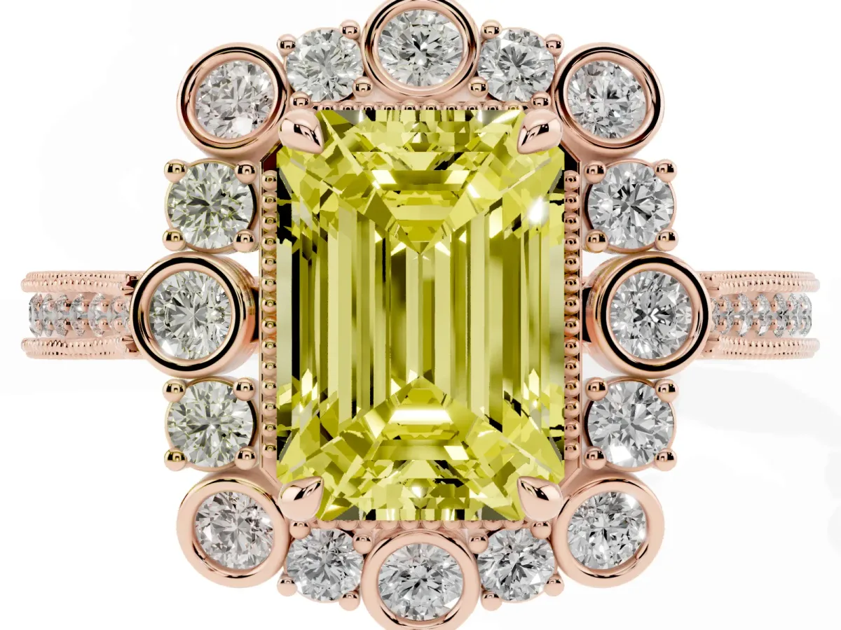 Fancy Yellow Emerald Cut Halo Milgrain Pave Diamond Ring with Four-Prong Setting Rose gold
