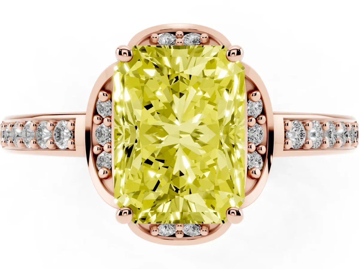 Fancy Yellow Radiant Cut Cut Halo Diamond Ring with Channel Set Band and Four-Prong Setting Rose gold
