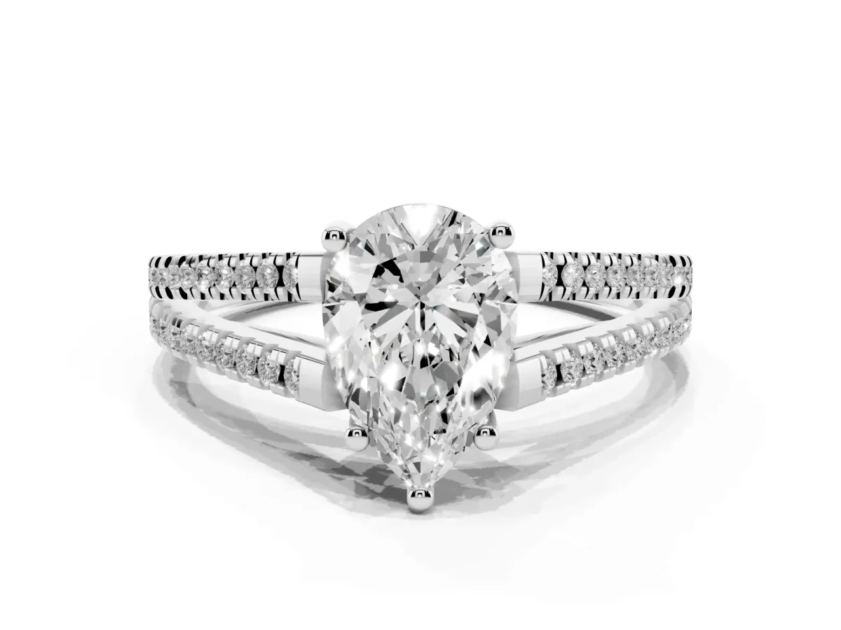 Pear Cut Diamond Solitaire Engagement Ring with Split Shank Pavé Band Silver