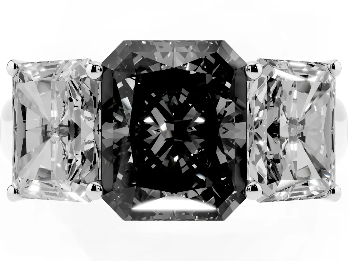 Fancy Black Radiant Cut Three-Stone Diamond Ring with Prong Setting on a Classic Band Silver