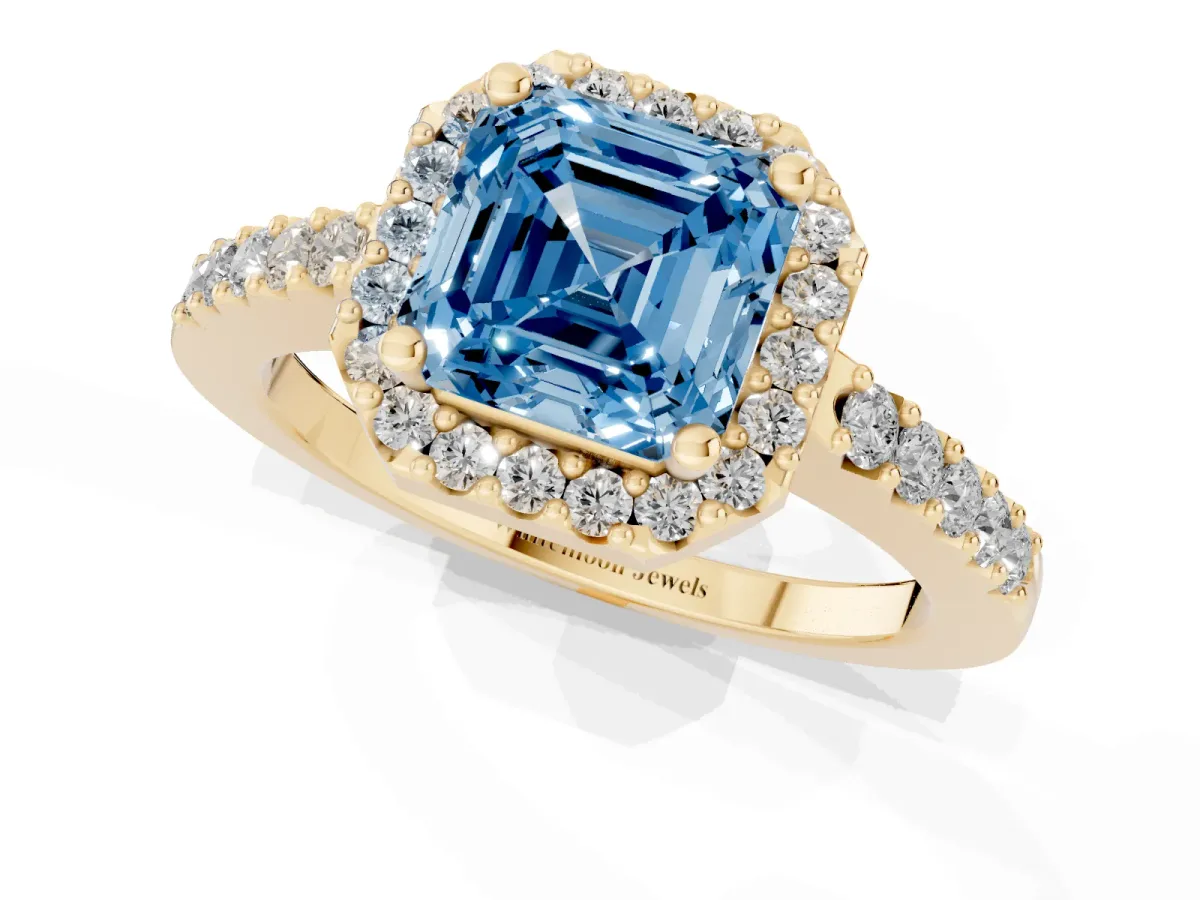 Fancy Blue Asscher Cut Halo Diamond Pavé Solitaire Ring Yellow gold