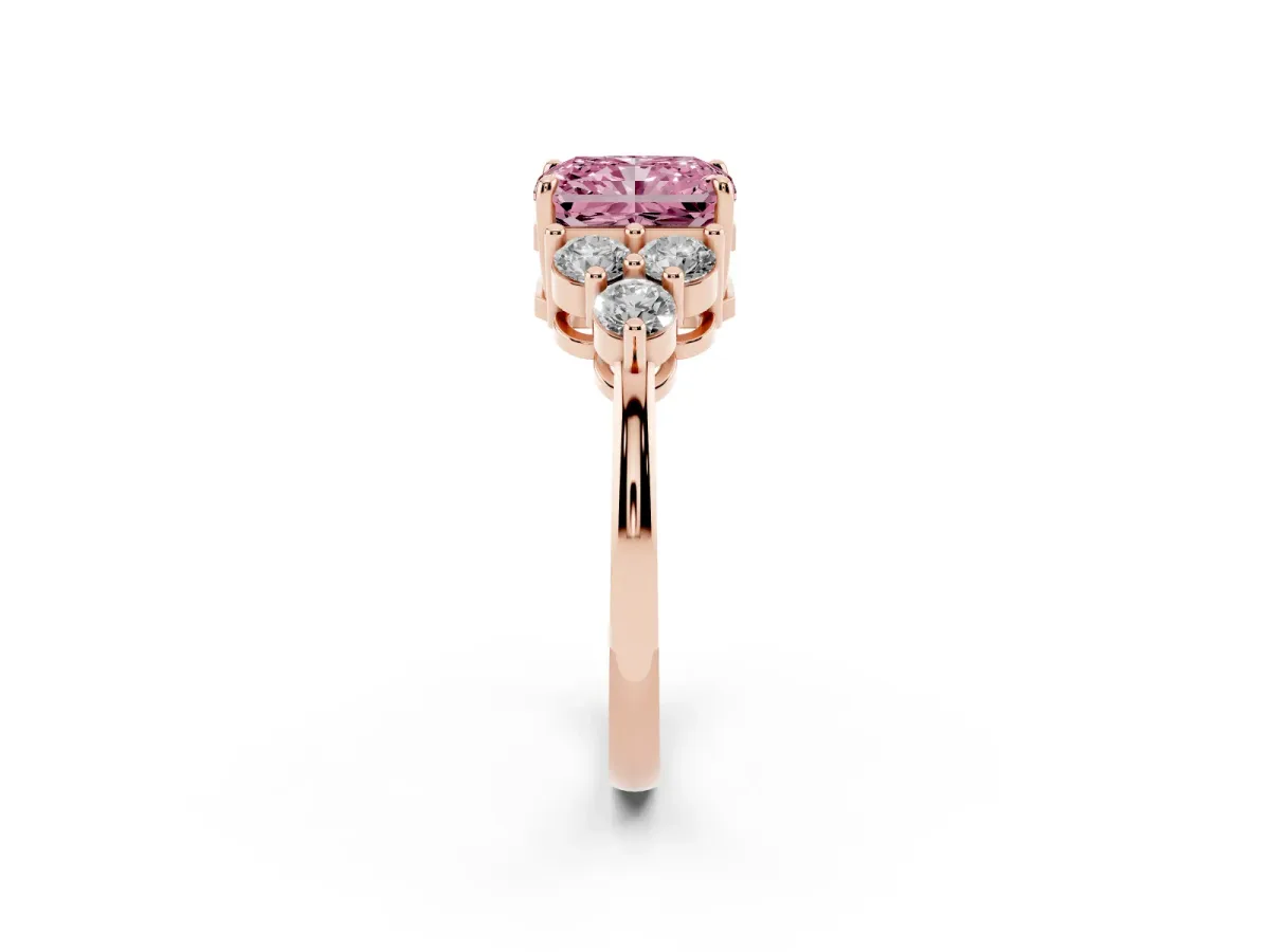 Fancy Pink Radiant Cut Brilliant Diamond Cluster Accent Solitaire Ring with Prong Setting Rose gold
