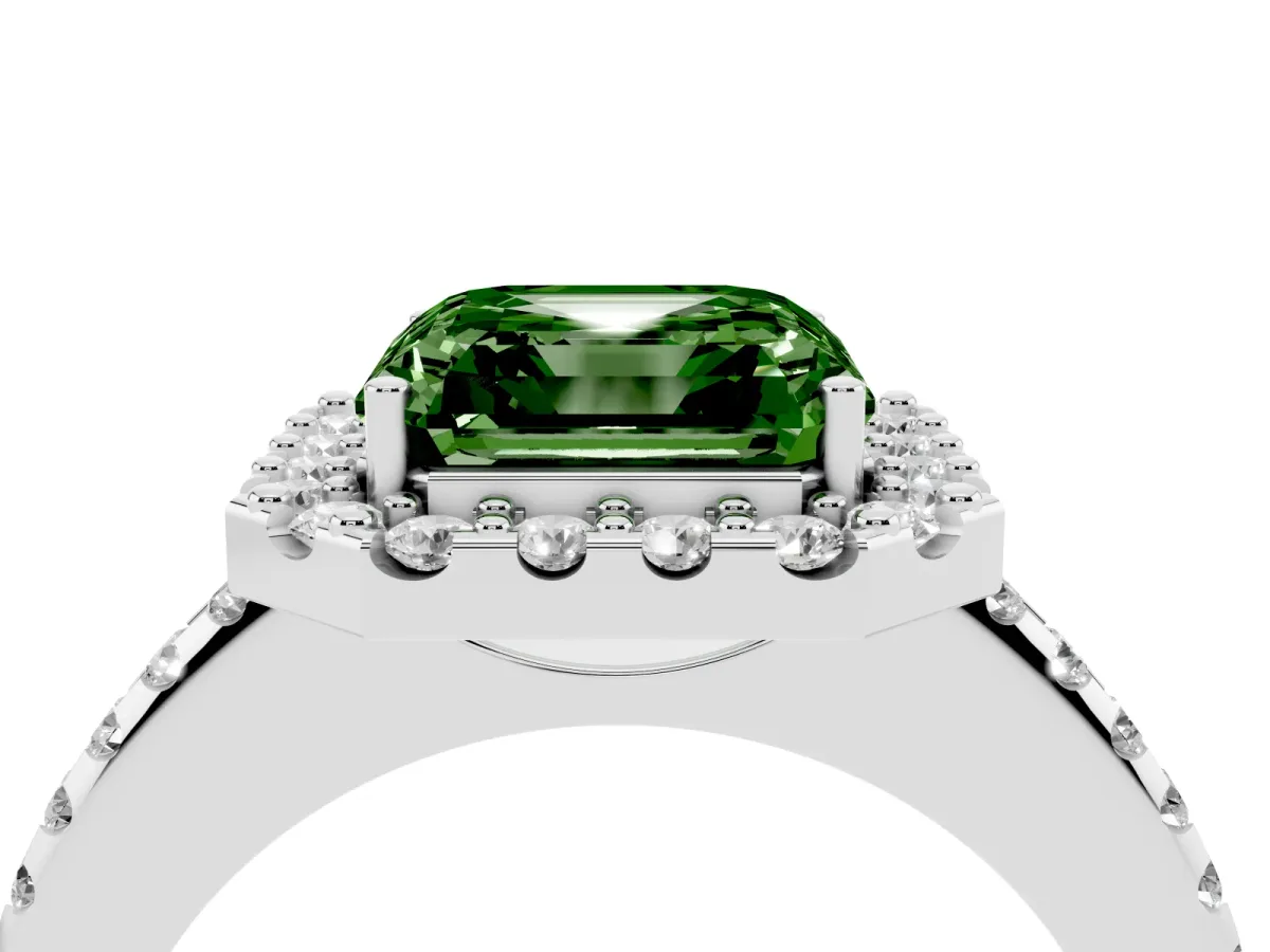 Fancy Green Asscher Cut Diamond Pavé Halo Ring with Four-Prong Setting Silver
