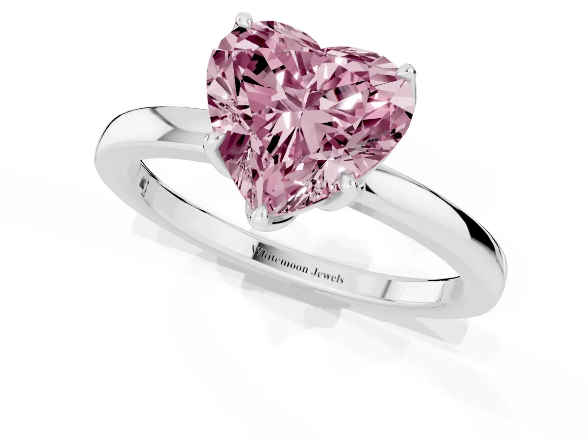 Fancy Pink Heart Cut Diamond Solitaire Ring with Thin Band and Prong Setting Silver