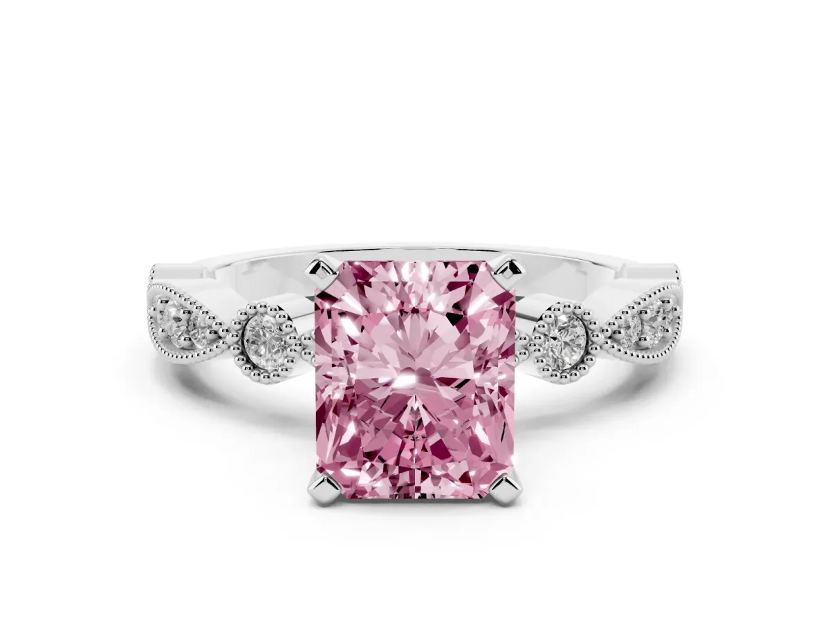 Fancy Pink Radiant Cut Milgrain Bezel Diamond Engagement Ring with Solitaire Prong Setting Silver