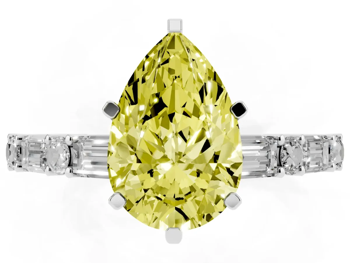 Fancy Yellow Pear Cut Diamond Solitaire with Side Baguettes and Channel Set Band Silver