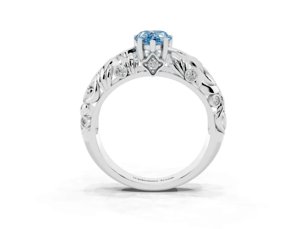 Fancy Blue Pear Cut Solitaire Diamond Leaf-Inspired Vine Band Ring with Prong Setting Silver