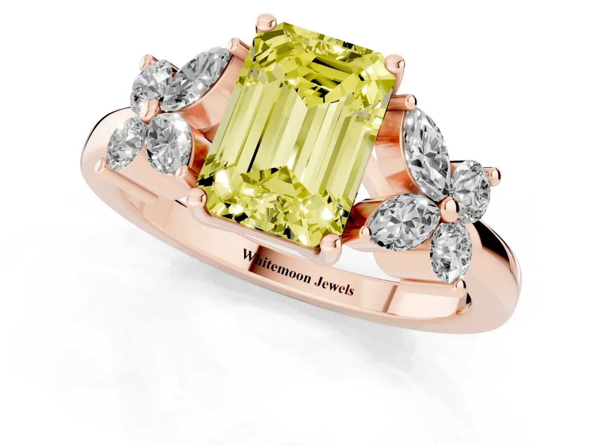 Fancy Yellow Emerald Cut Diamond Floral Cluster Ring with Solitaire Band and Prong Setting Rose gold
