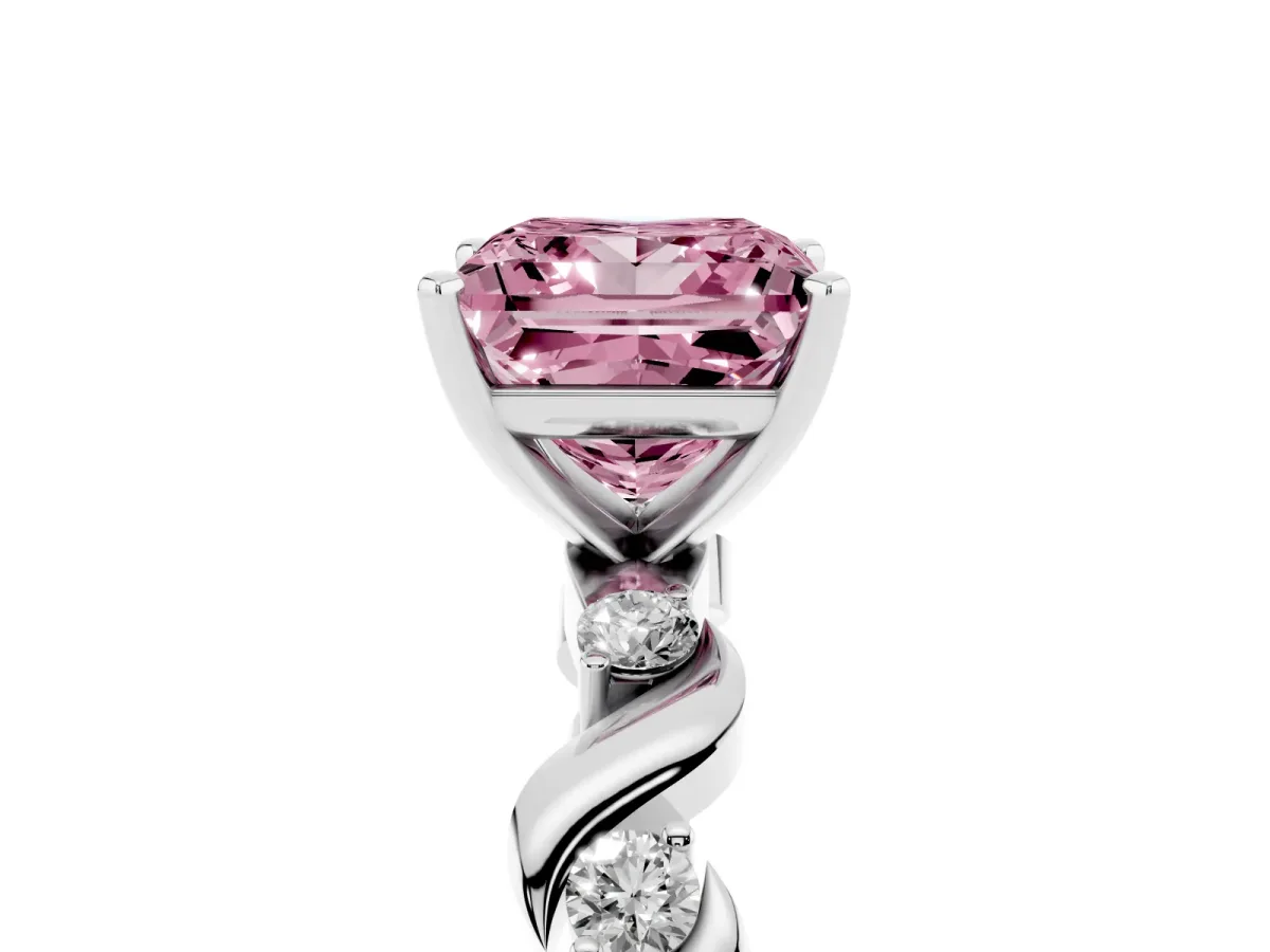 Fancy Pink Princess Cut Diamond Solitaire Twisted Band with Round Accents and Prong Setting White gold