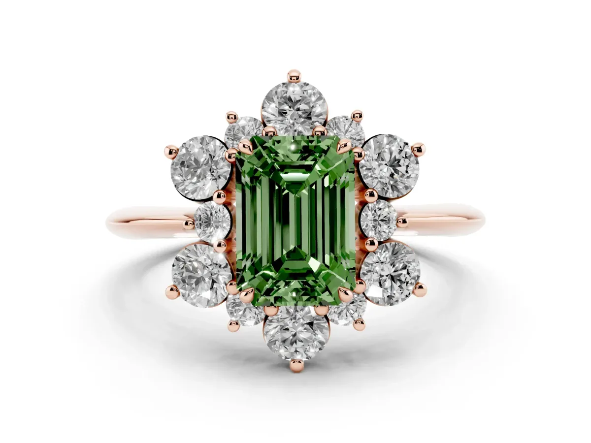 Fancy Green Emerald Cut Diamond Cluster Halo Ring with Solitaire Band and Four-Prong Setting Rose gold