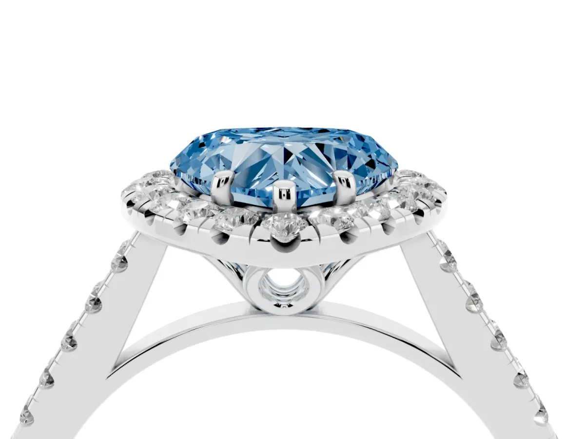 Fancy Blue Heart Cut Halo Pavé Diamond Engagement Ring with Four-Prong Setting Silver