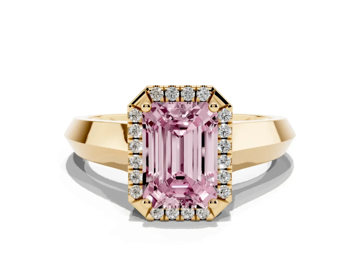 Fancy Pink Emerald Cut Halo Diamond Ring with Cathedral Band and Four-Prong Setting Yellow gold