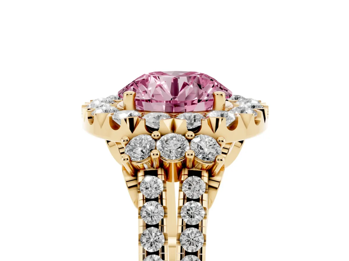 Fancy Pink Round Cut Cut Double Halo Diamond Engagement Ring with Pave Band and Four-Prong Setting Yellow gold