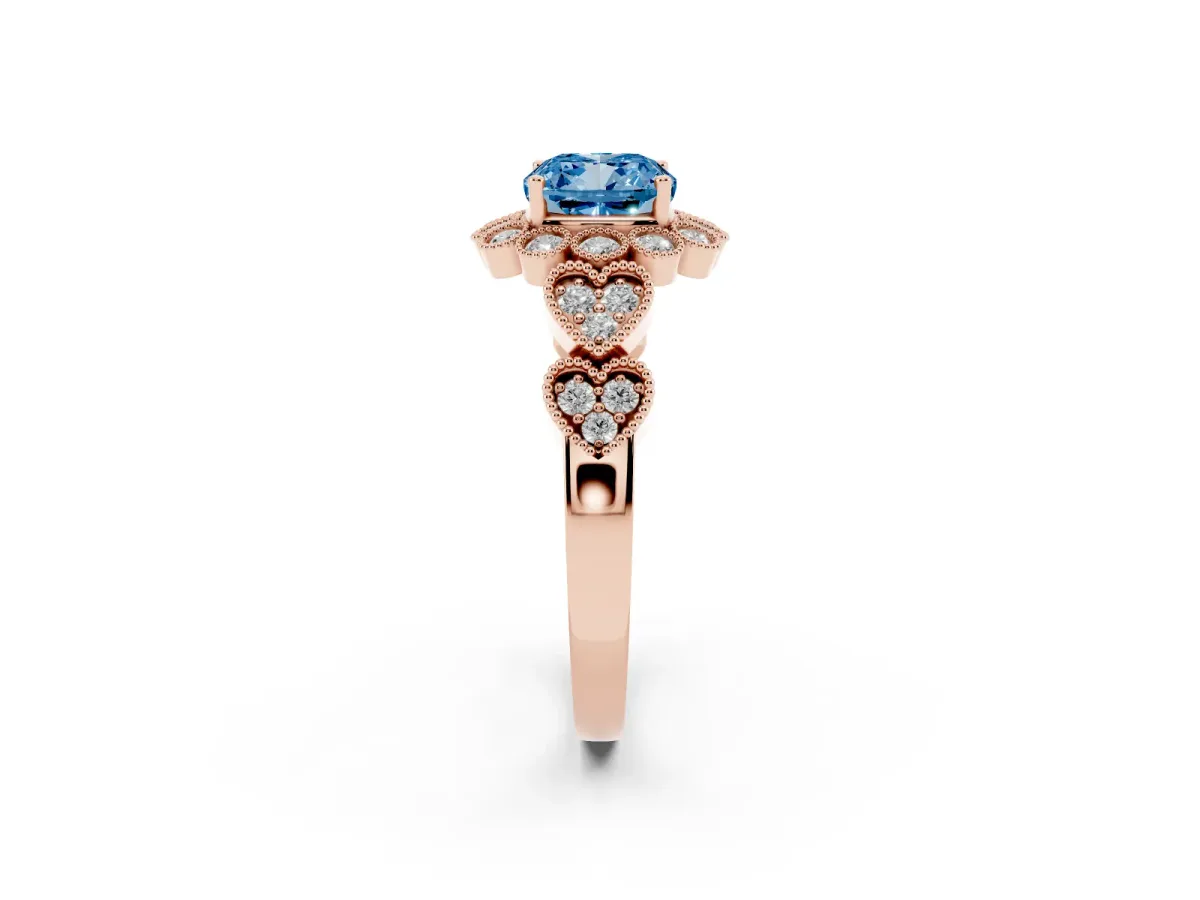 Fancy Blue Cushion Cut Brilliant Milgrain Pave Heart Band Solitaire Ring Rose gold
