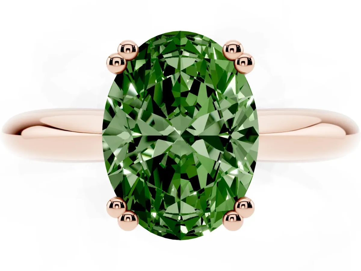 Fancy Green Oval Cut Cut Solitaire Engagement Ring with Tapered Band and Four-Prong Setting Rose gold