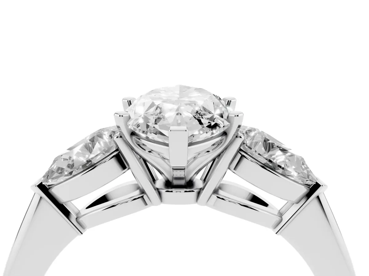 Three-Stone Marquise Cut Diamond Ring with Pear Side Stones and Four-Prong Setting Silver