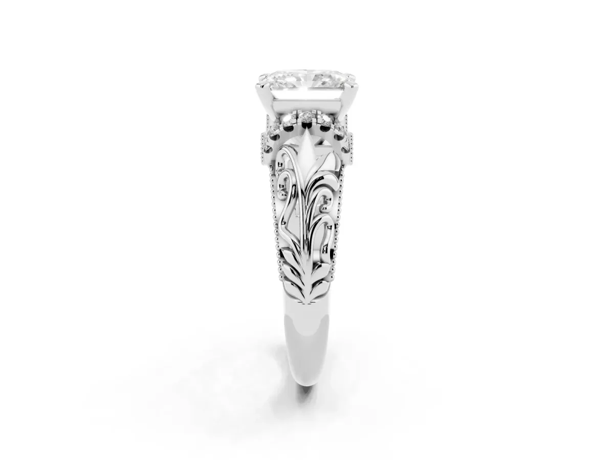 Radiant Cut Solitaire Filigree Engagement Ring with Halo and Prong Setting Silver