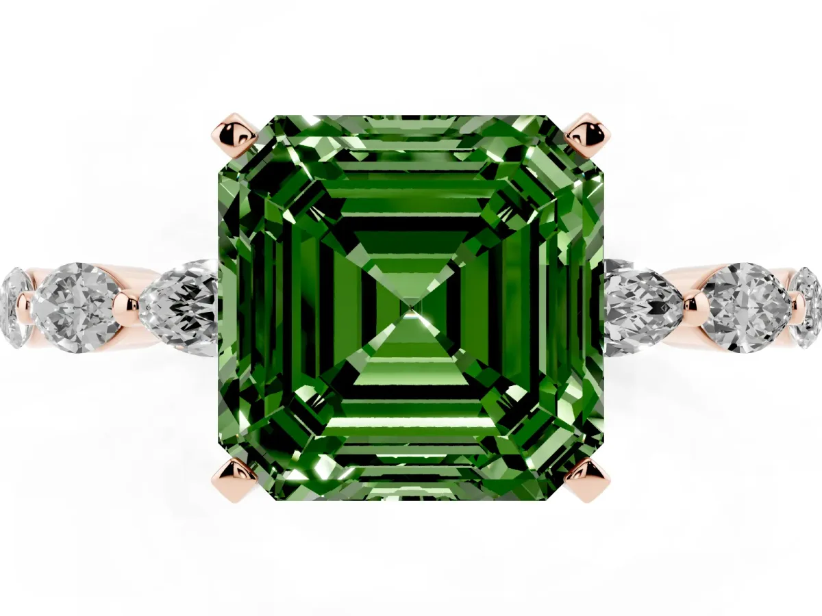 Fancy Green Asscher Cut Diamond Ring with Marquise Side Stones and Prong Setting Rose gold