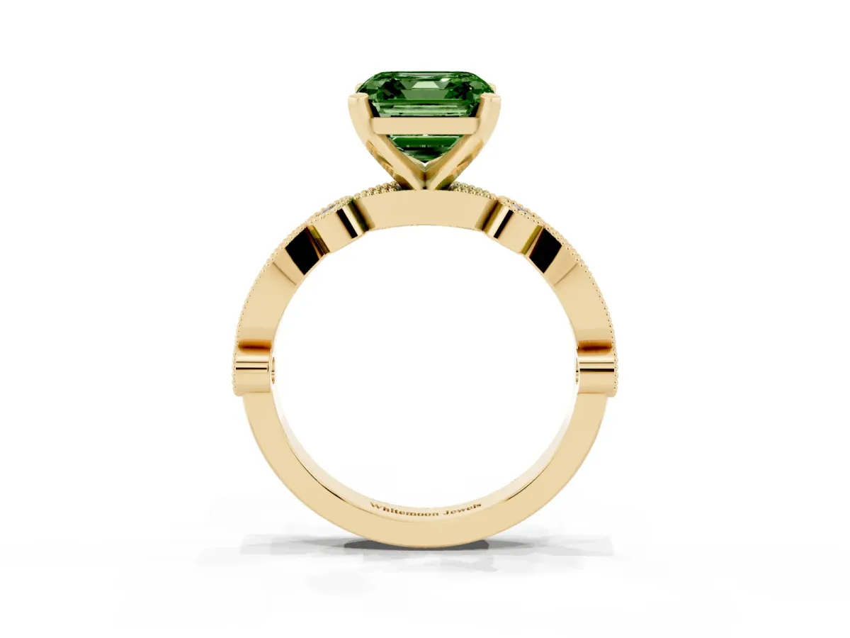 Fancy Green Asscher Cut Milgrain Bezel Diamond Engagement Ring with Solitaire Prong Setting Yellow gold