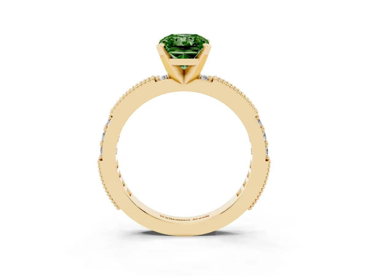 Fancy Green Radiant Cut Solitaire with Pavé Band and Four-Prong Setting Yellow gold