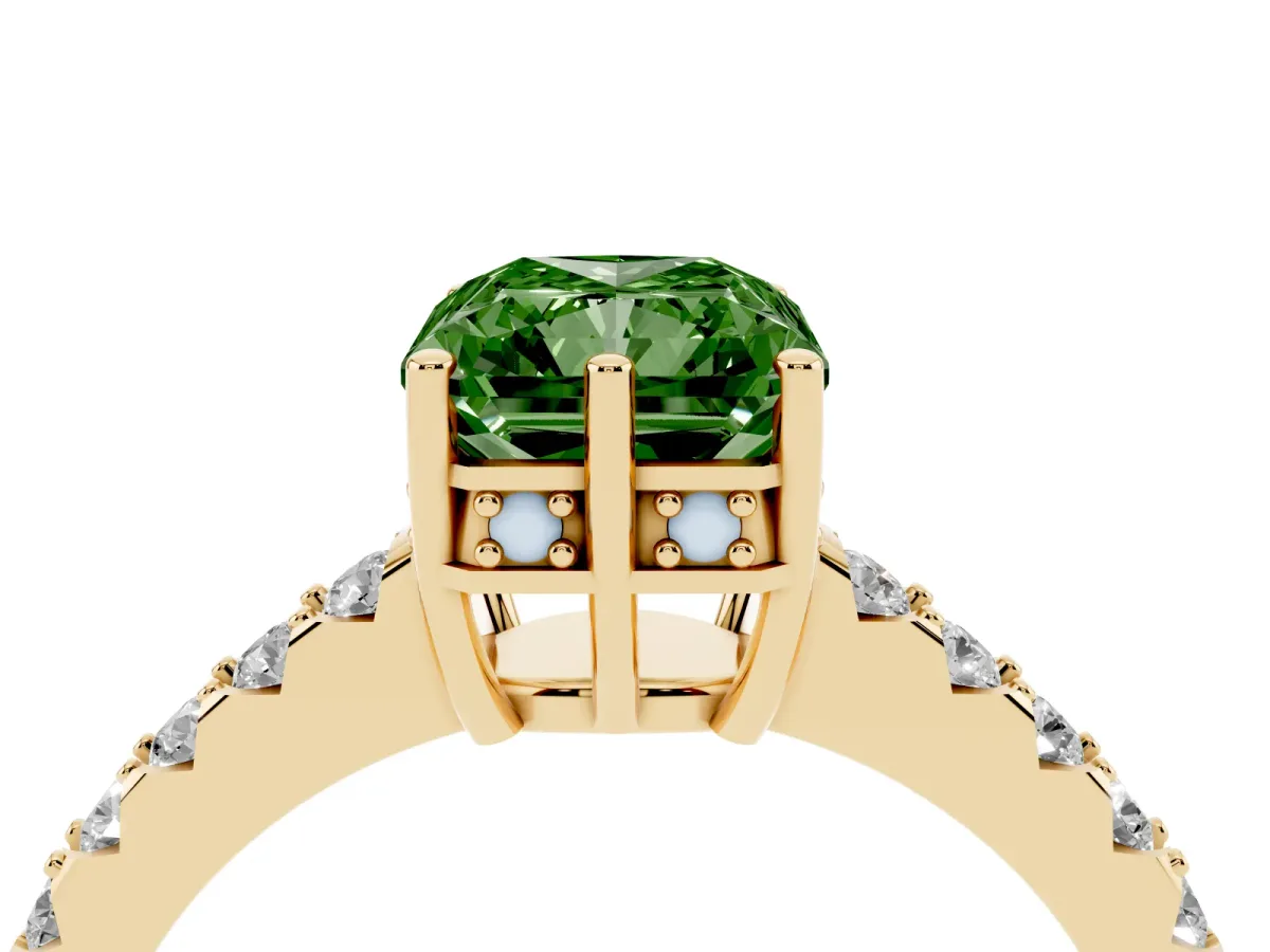 Fancy Green Radiant Cut Solitaire Diamond Engagement Ring with Pavé Band and Six-Prong Setting Yellow gold