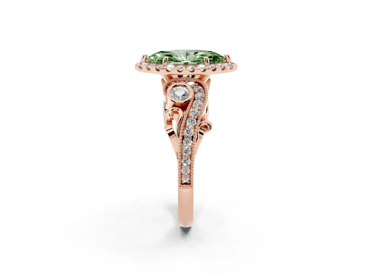 Fancy Green Marquise Cut Halo Diamond Ring with Milgrain and Bezel Accents on a Split Shank Band Rose gold