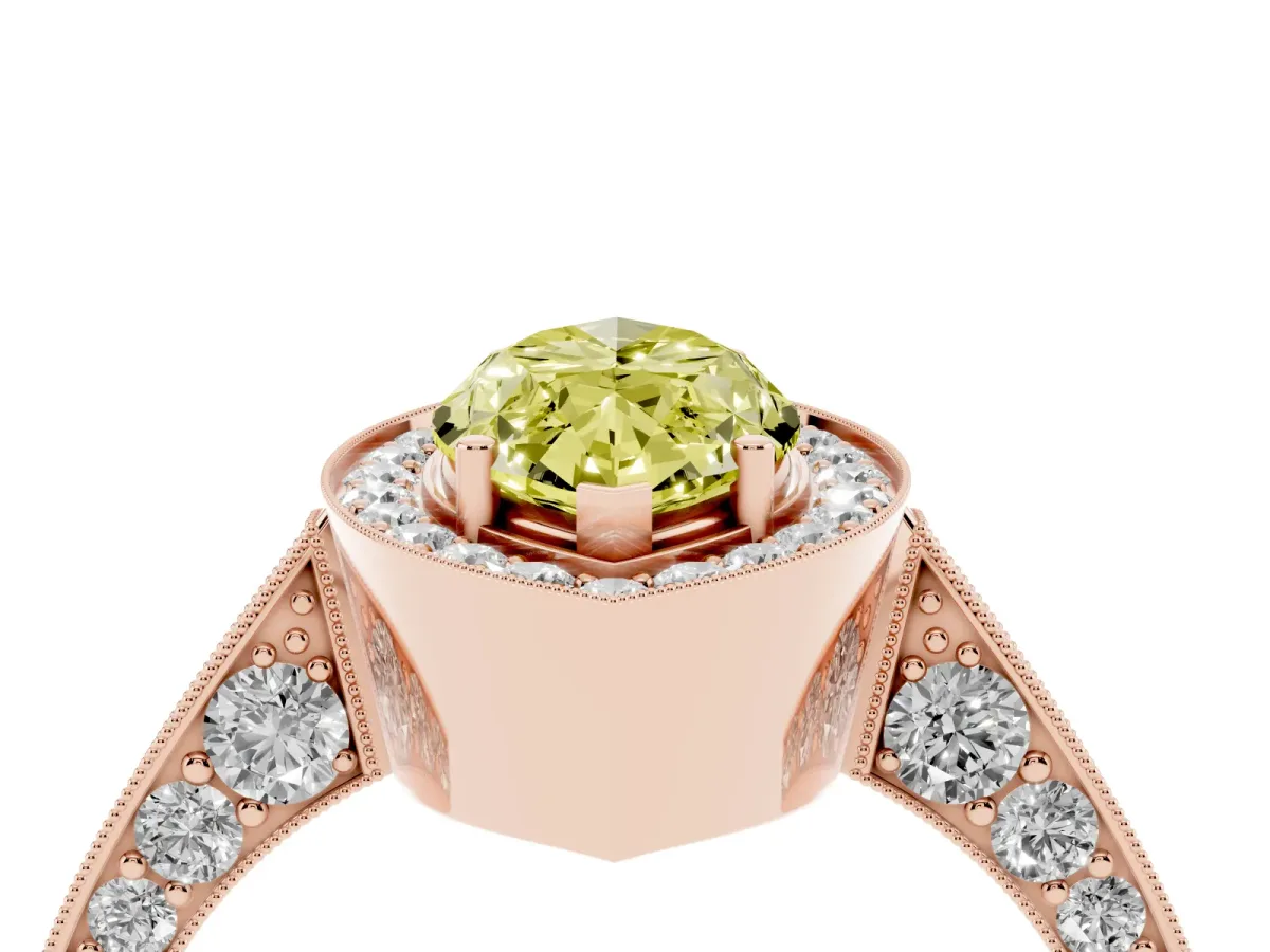 Fancy Yellow Marquise Cut Halo Diamond Engagement Ring with Split Shank Band and Four-Prong Setting Rose gold