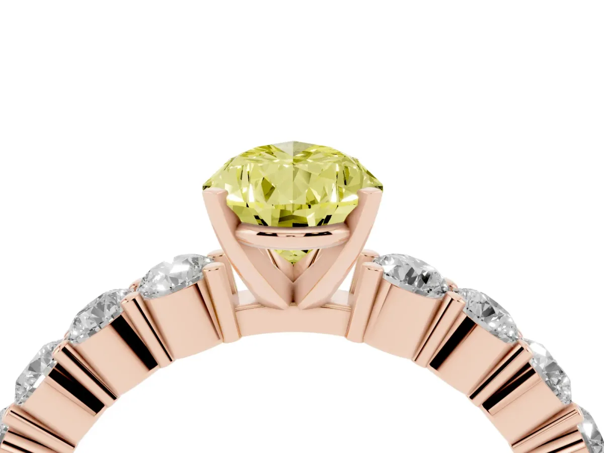 Fancy Yellow Pear Cut Diamond Solitaire Ring with Shared Prong Round Side Stones Rose gold