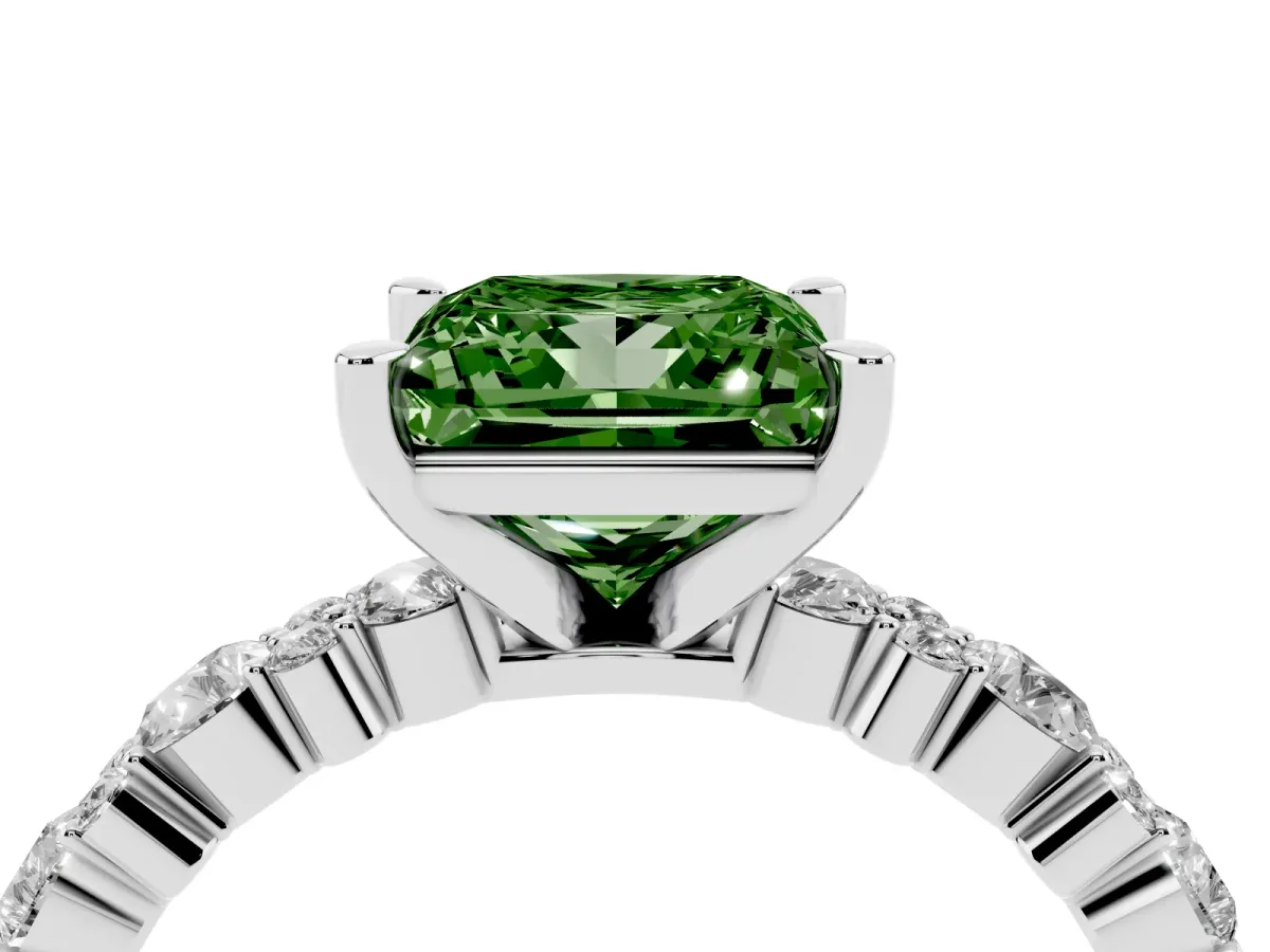 Fancy Green Princess Cut Diamond Side Stone Solitaire Ring with Round and Four-Prong Setting Silver