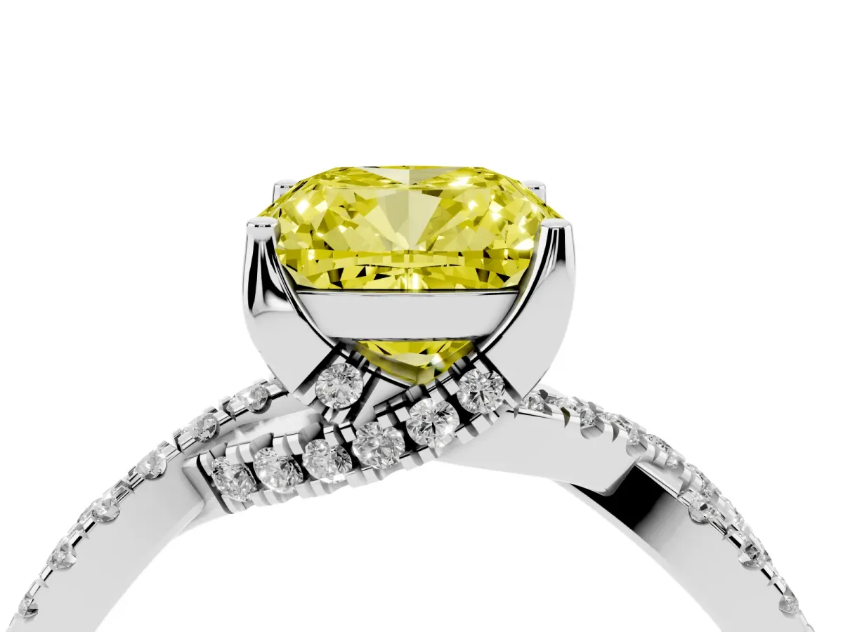Fancy Yellow Cushion Cut Solitaire Twist Pave Diamond Engagement Ring with Prong Setting Silver