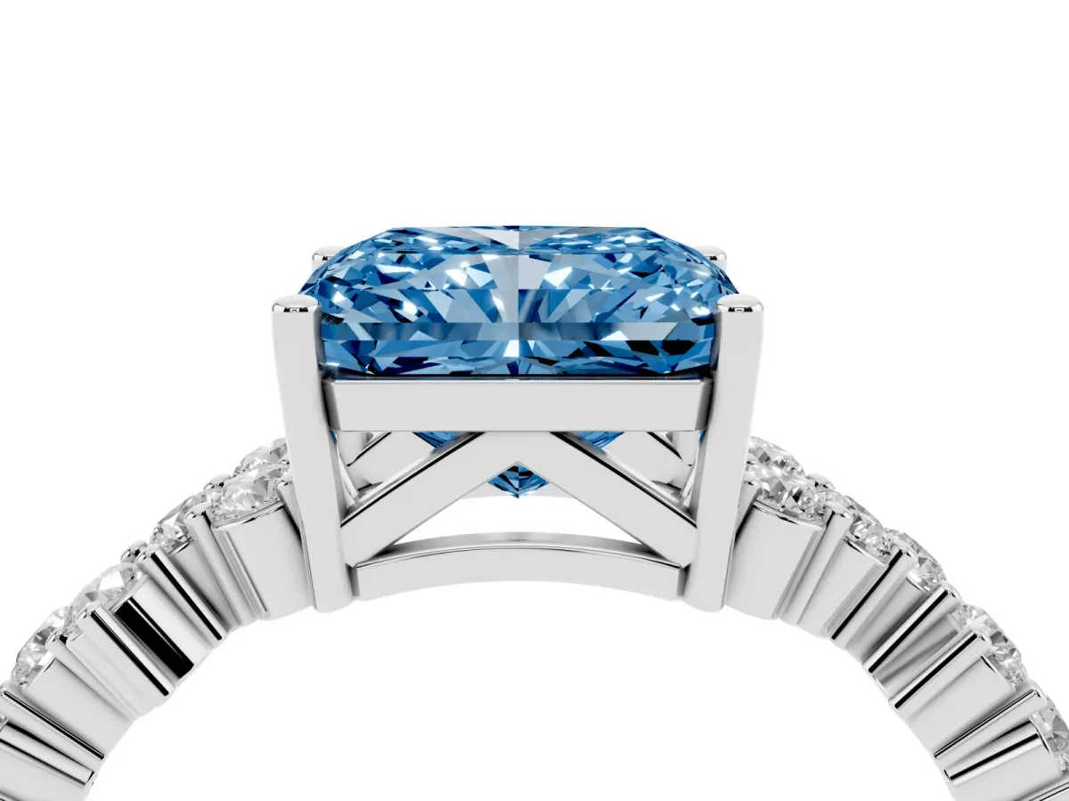 Fancy Blue Radiant Cut Diamond Scattered Round Accent Ring with Prong Setting White gold