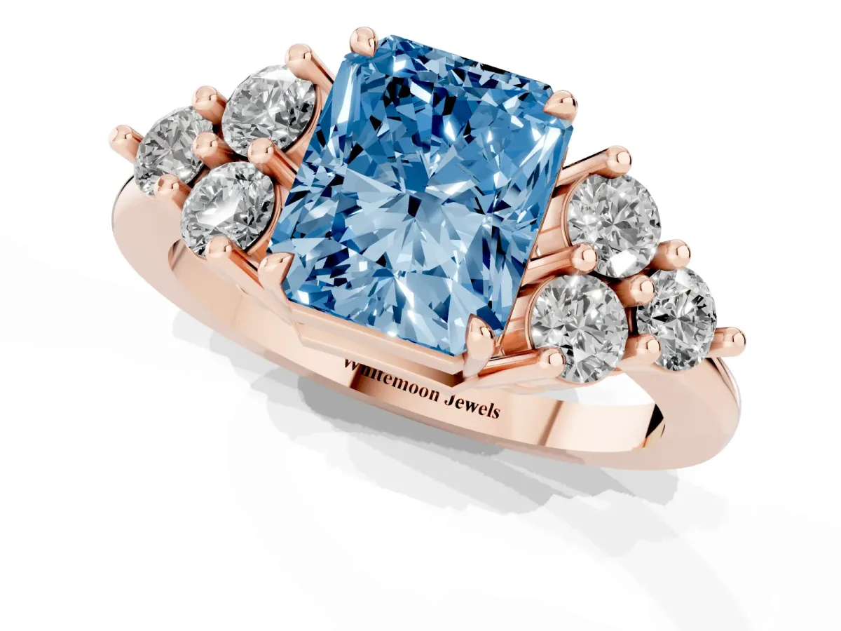 Fancy Blue Radiant Cut Brilliant Diamond Cluster Accent Solitaire Ring with Prong Setting Rose gold