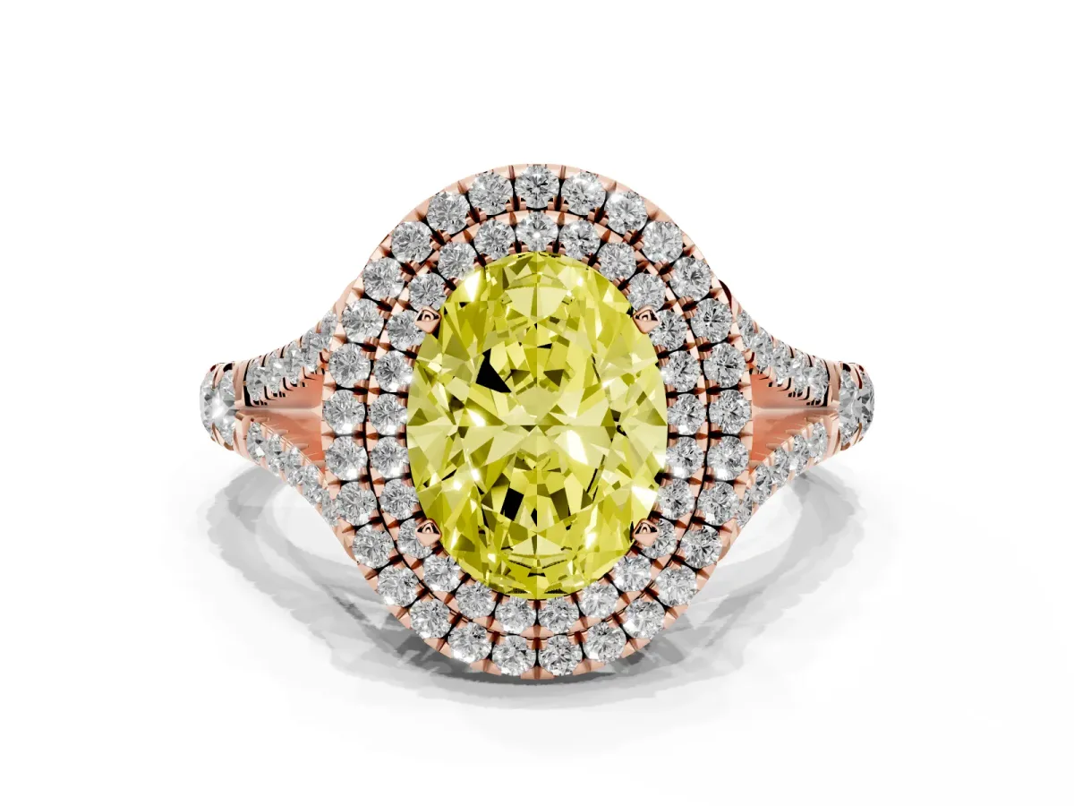 Fancy Yellow Oval Cut Cut Double Halo Split Shank Diamond Ring with Prong Setting Rose gold
