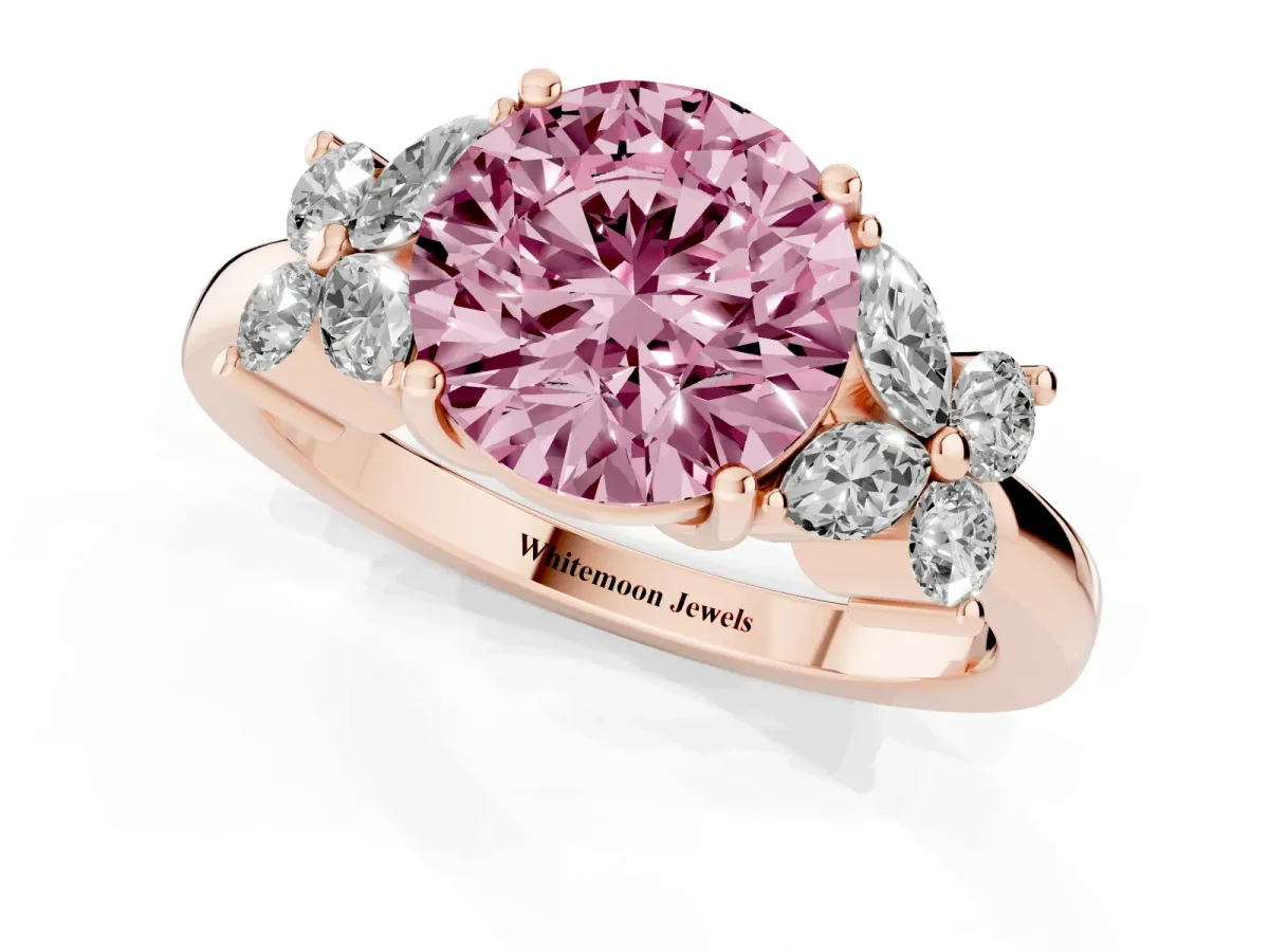 Fancy Pink Round Cut Diamond Floral Cluster Ring with Solitaire Band and Prong Setting Rose gold