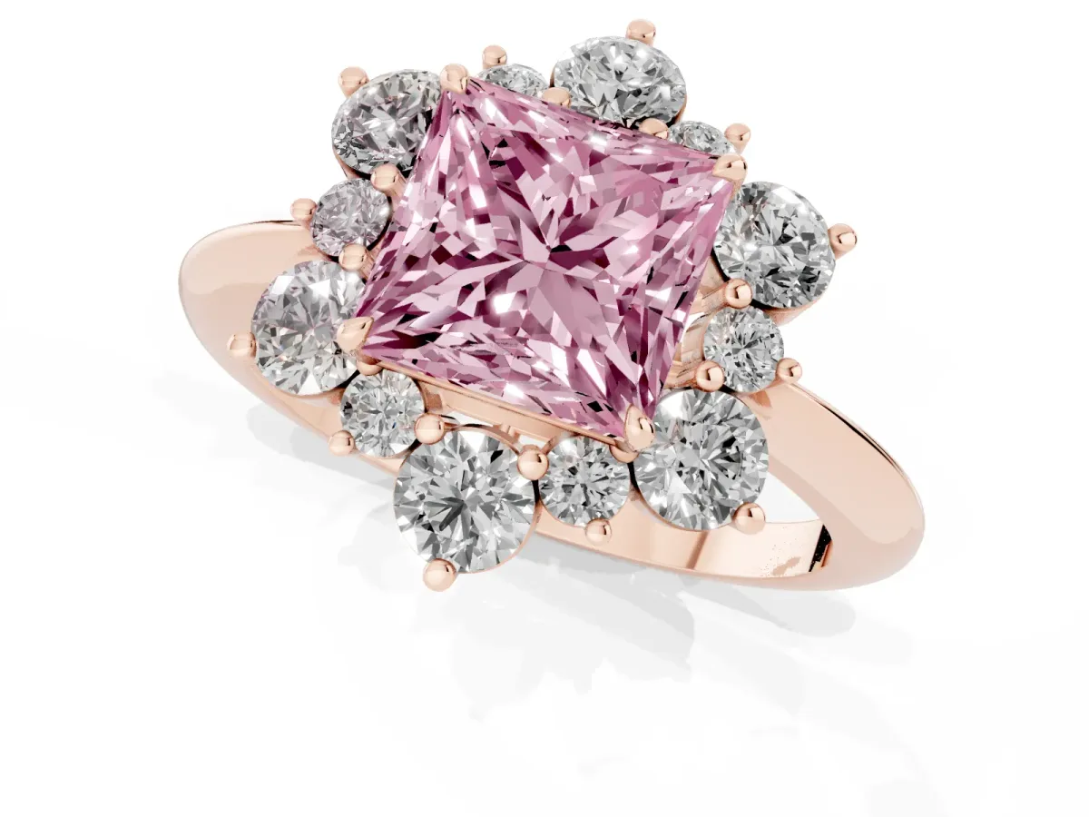 Fancy Pink Princess Cut Diamond Cluster Halo Ring with Solitaire Band and Four-Prong Setting Rose gold