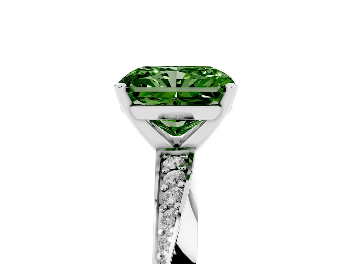 Fancy Green Radiant Cut Diamond Engagement Ring with Side Stone Accents and Four-Prong Setting Platinum