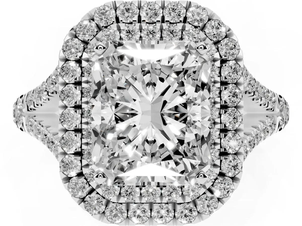 Radiant Cut Cut Double Halo Split Shank Diamond Ring with Prong Setting Silver