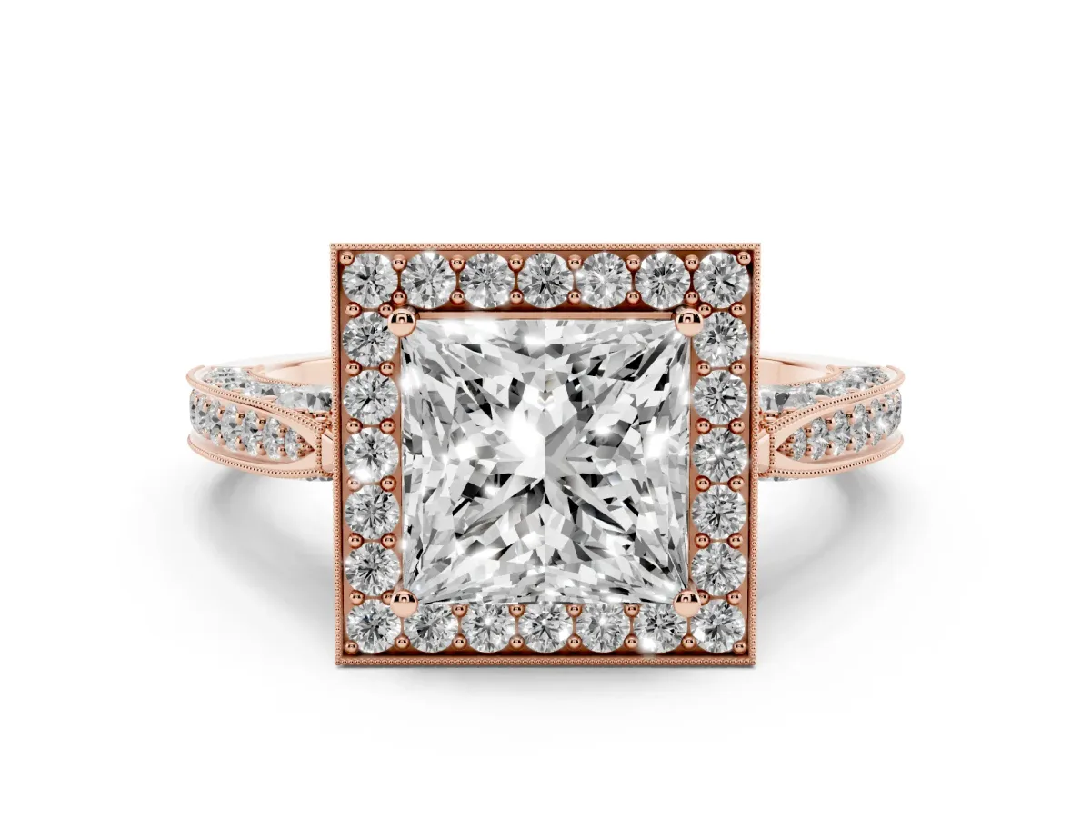 Princess Cut Halo Diamond Engagement Ring with Split Shank Band and Four-Prong Setting Rose gold
