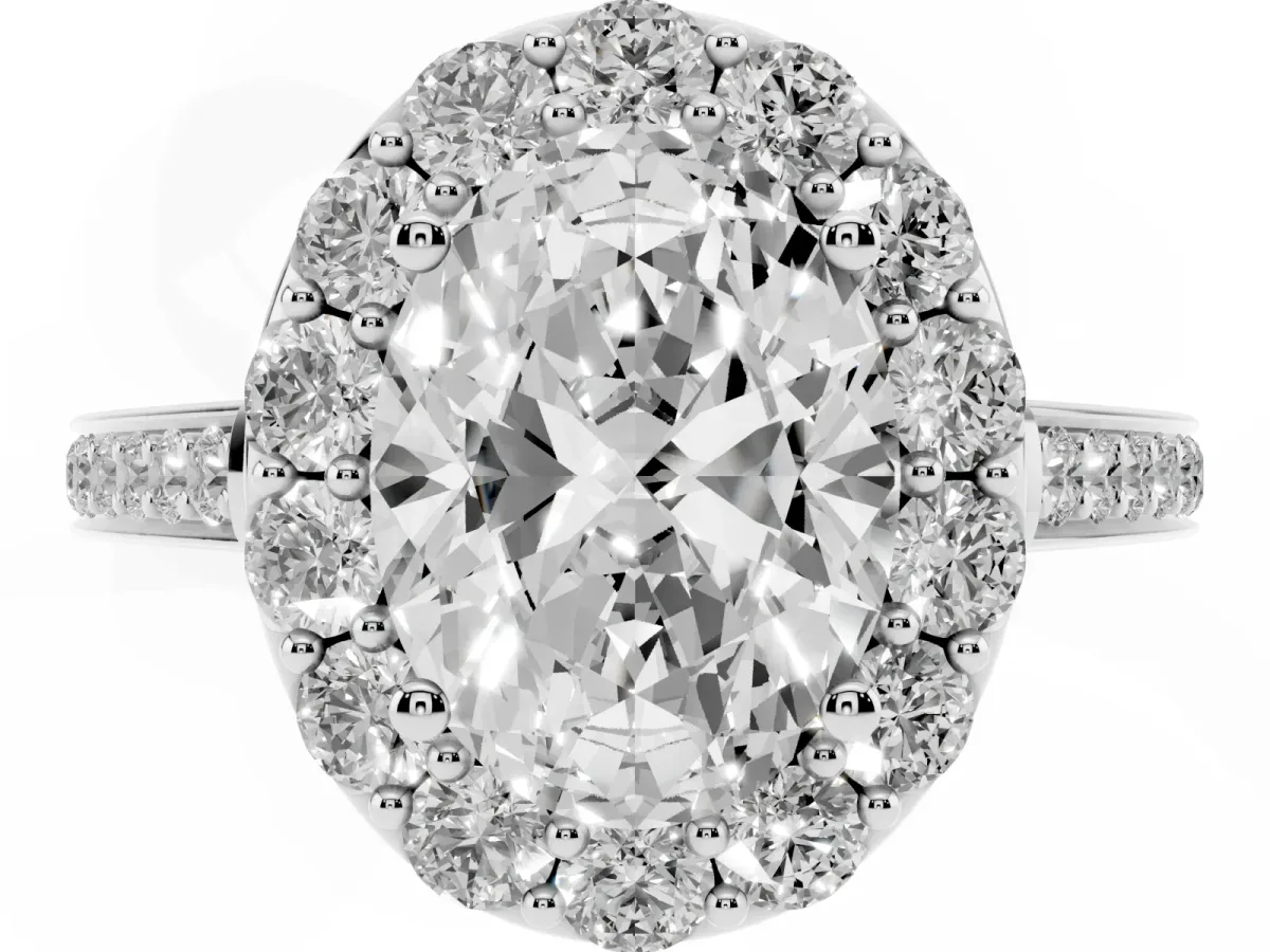 Oval Cut Diamond Floral Halo Ring with Pavé Band and Prong Setting Platinum