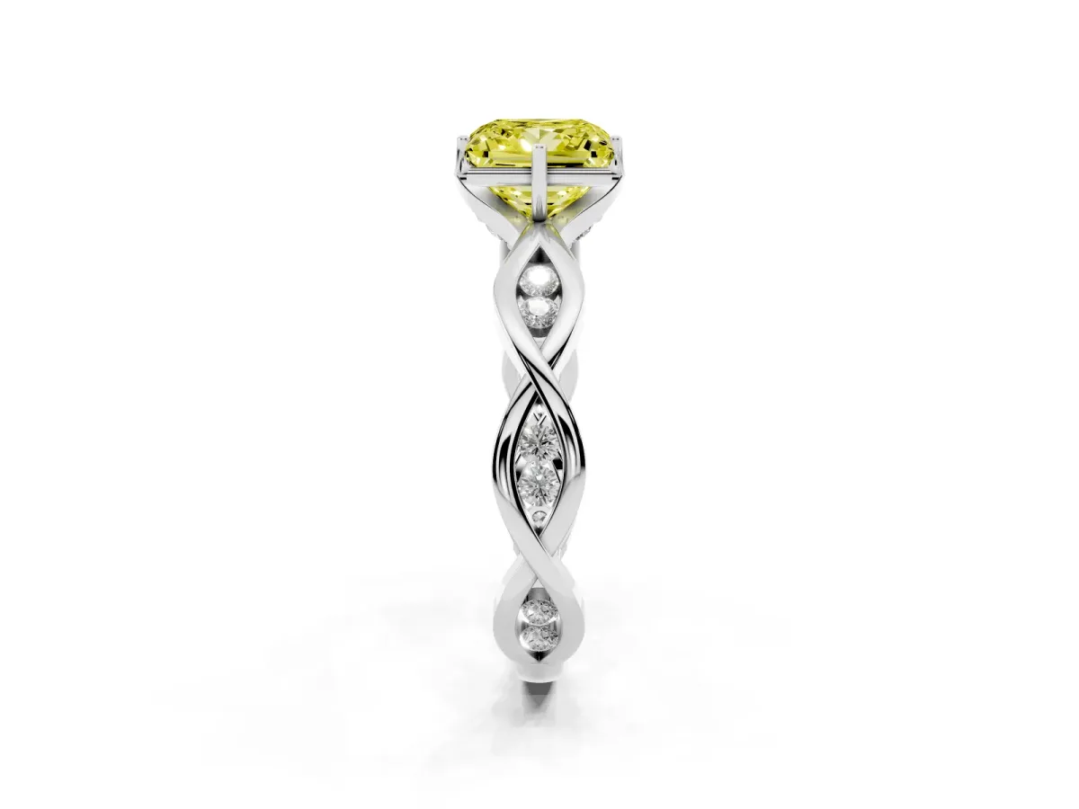 Fancy Yellow Princess Cut Solitaire Twist Band with Leaf Prong Setting Silver