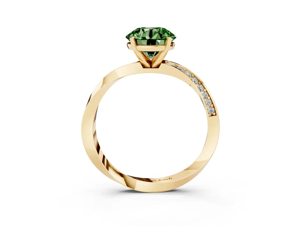 Fancy Green Round Cut Diamond Engagement Ring with Side Stone Accents and Four-Prong Setting Yellow gold