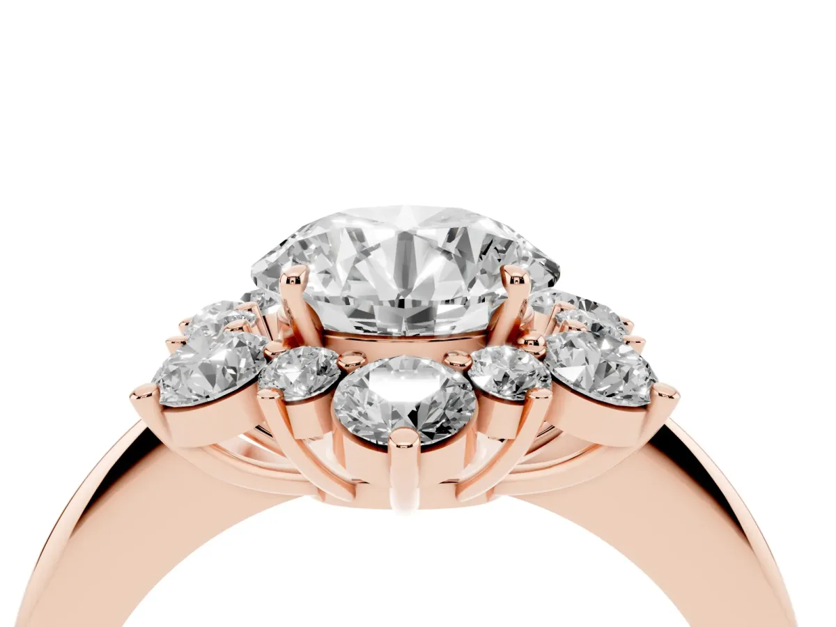 Round Cut Diamond Cluster Halo Ring with Solitaire Band and Four-Prong Setting Rose gold