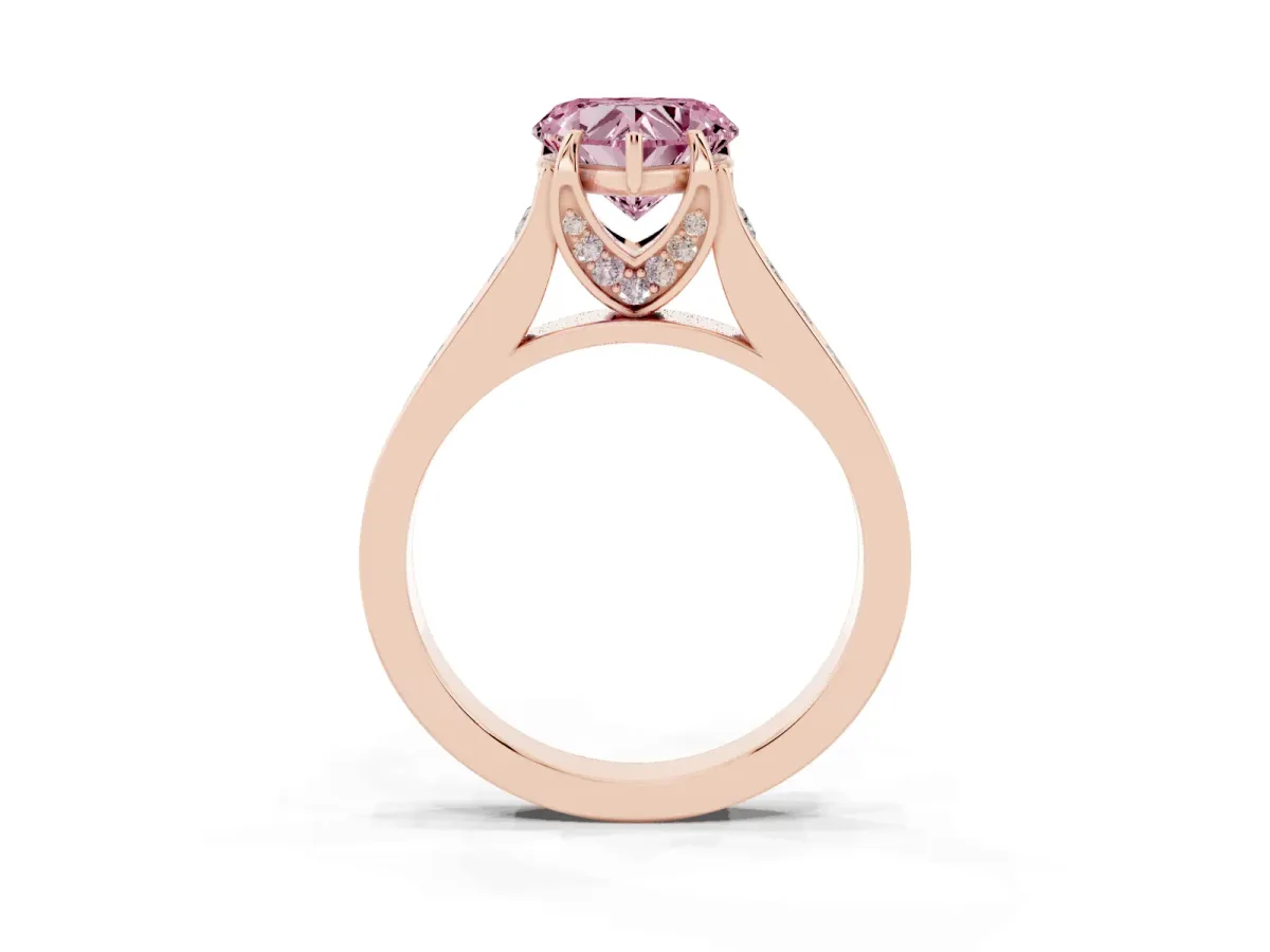 Fancy Pink Heart Cut Brilliant Cut Diamond Engagement Ring with Pavé Band and Four-Prong Setting Rose gold