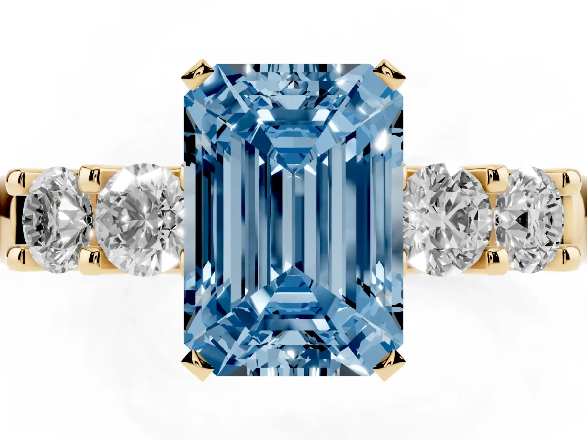 Fancy Blue Emerald Cut Brilliant Cut Diamond Five-Stone Prong Set Engagement Ring with Channel Band Yellow gold