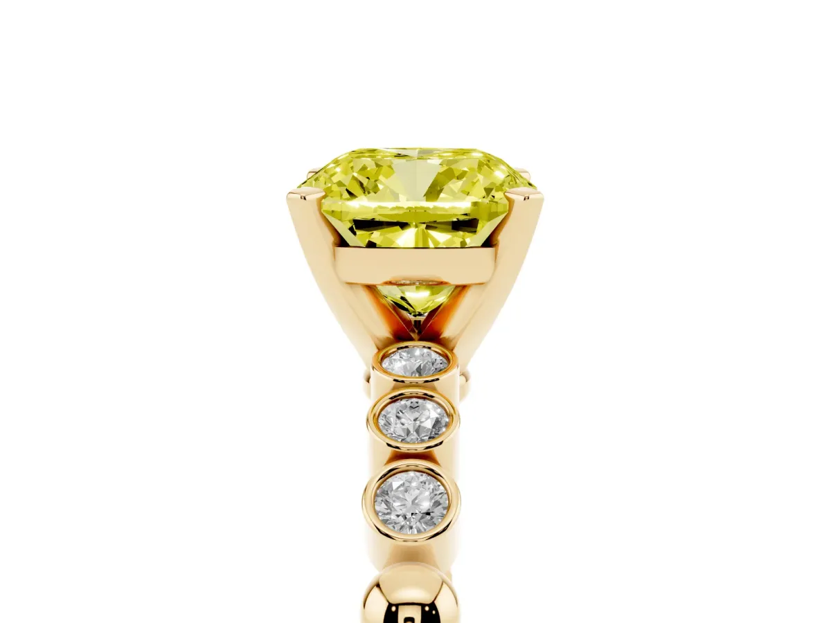Fancy Yellow Cushion Cut Solitaire Bezel Accent Diamond Engagement Ring with Beaded Band and Four-Prong Setting Yellow gold