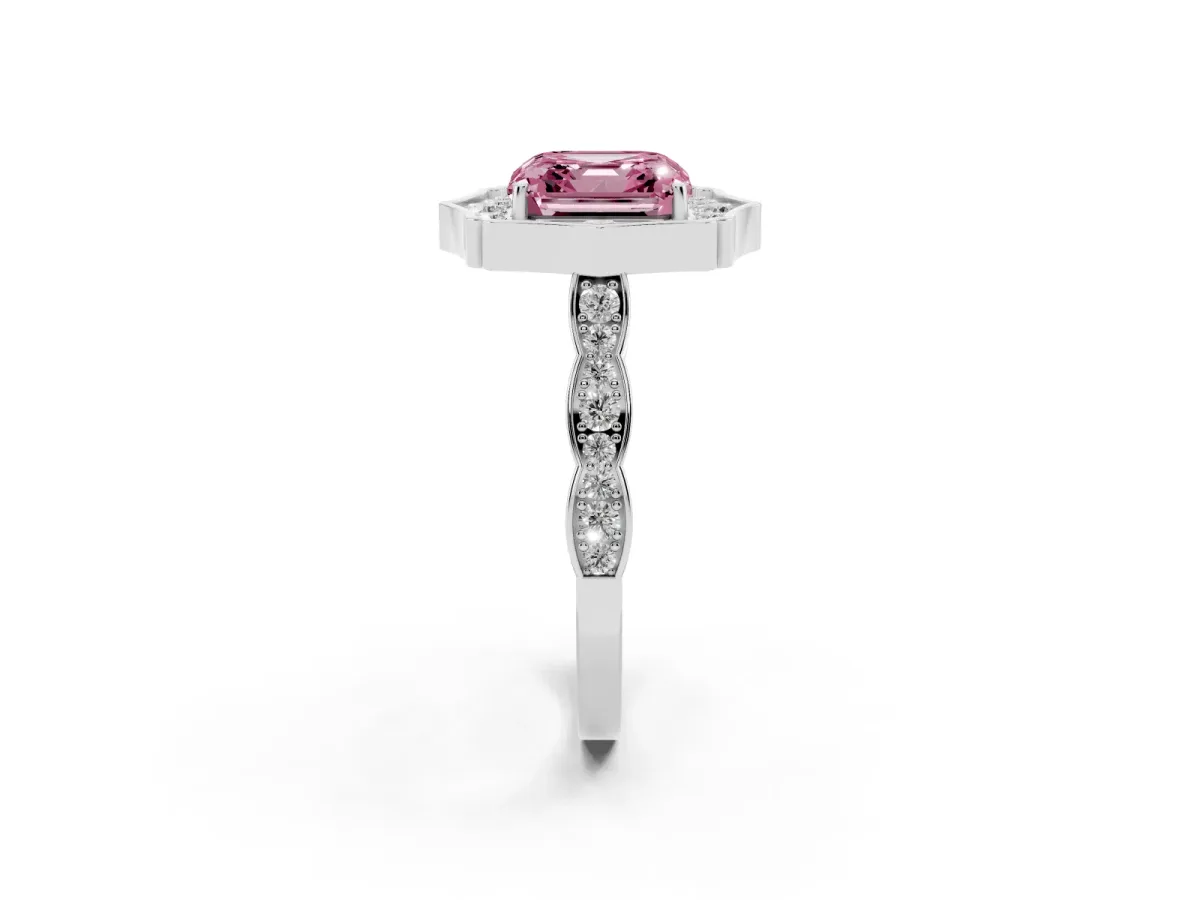 Fancy Pink Asscher Cut Halo Diamond Engagement Ring with Milgrain Band and Four-Prong Setting Platinum